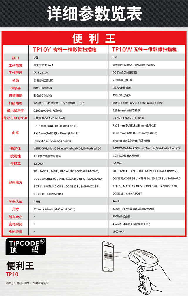 便利王 顶码TP10W无线一维影像扫描枪